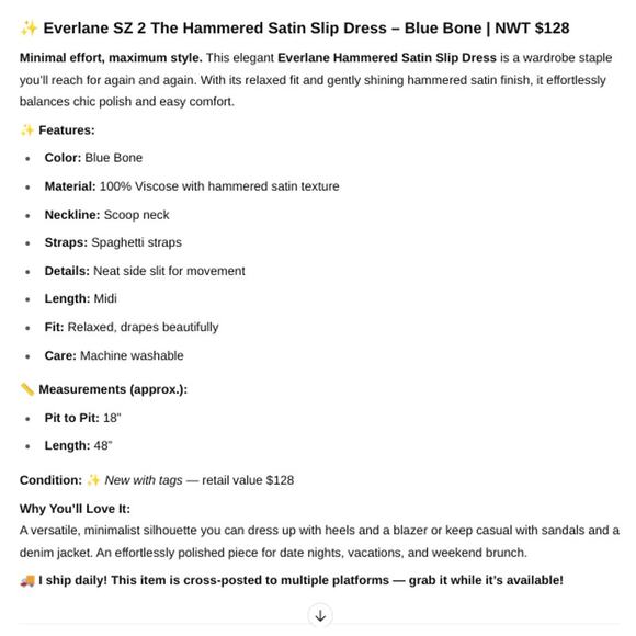 Everlane SZ 2 The Hammered Satin Slip Dress Blue Bone NWT $128 Relaxed Fit Midi - Picture 8 of 8